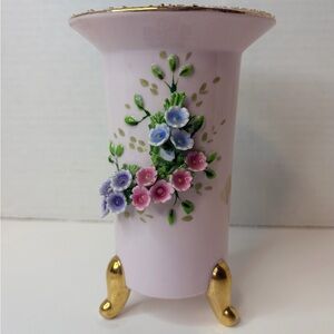 Vintage Lefton Hand Painted Pink Vase Applied Flowers Gold Rim Tripod Feet